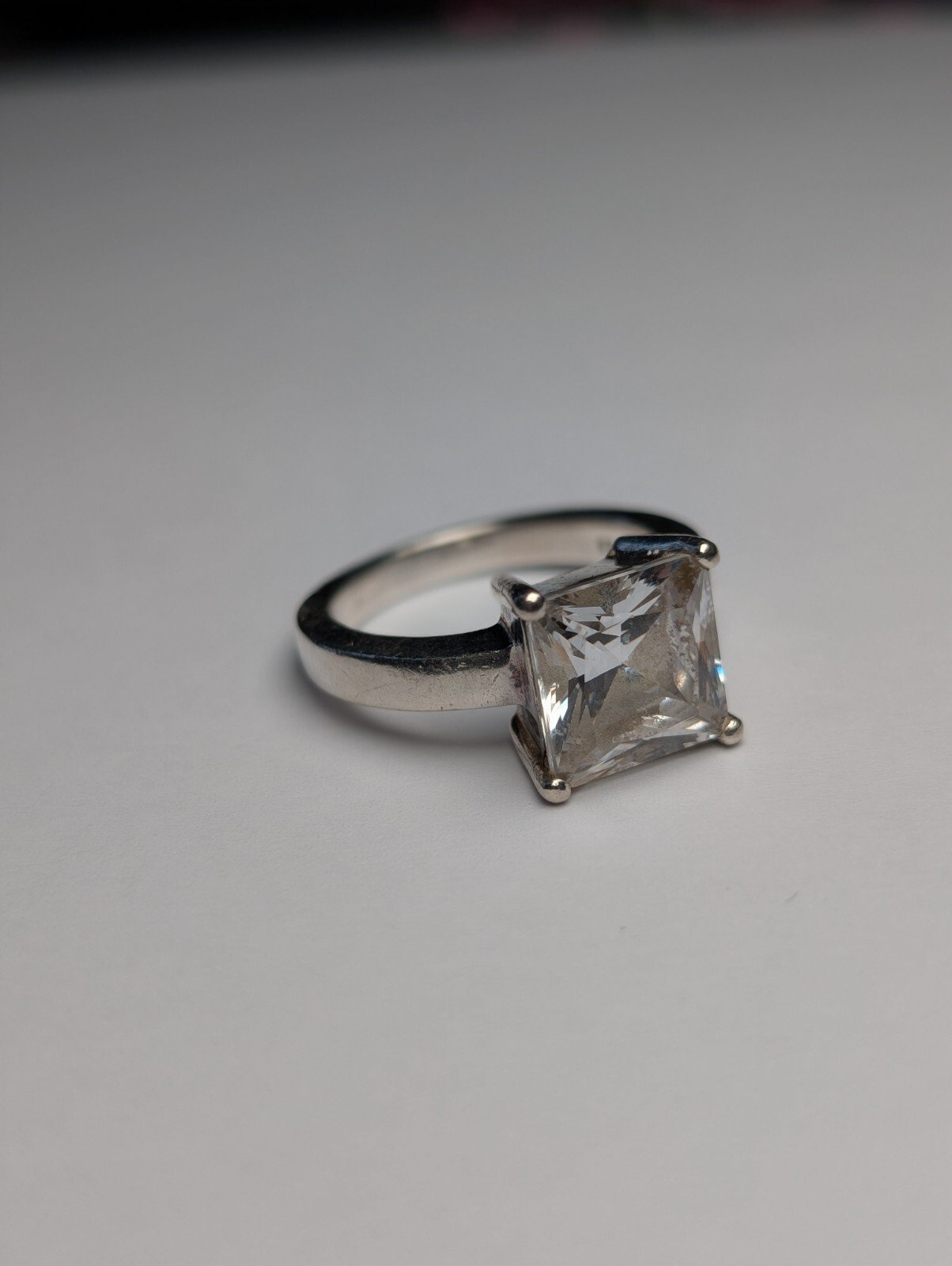 Vintage Sterling Silver Square Clear Gemstone Ring | Size P | 925 Silver