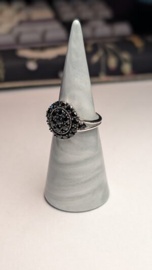 Vintage Sterling Silver Black Spinel Cluster Ring | Size O | 925 Silver