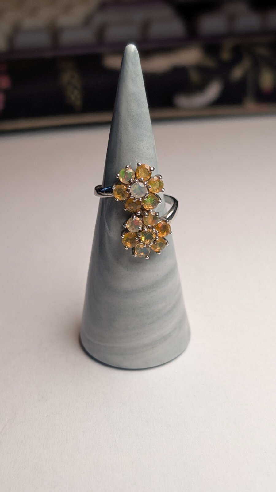 Vintage Sterling Silver Opal / Citrine Flower Ring | Size O | 925 Silver