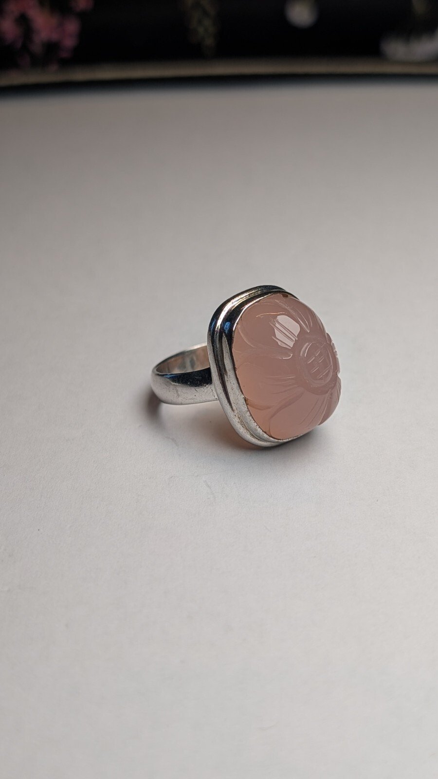 Vintage Sterling Silver Rose Quartz Flower Etched Ring | Size U | 925 Silver