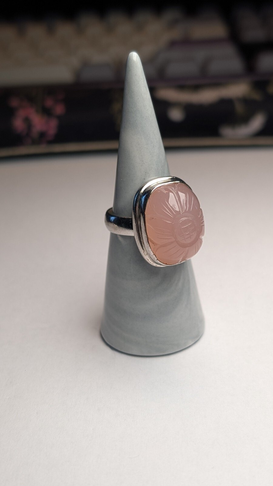 Vintage Sterling Silver Rose Quartz Flower Etched Ring | Size U | 925 Silver - Image 5