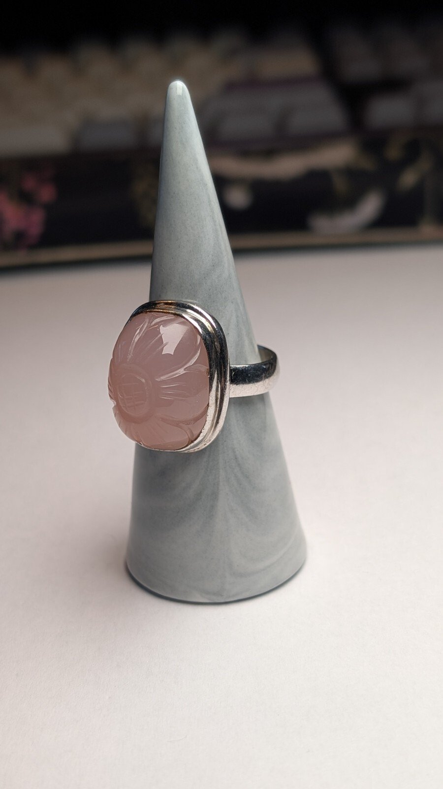 Vintage Sterling Silver Rose Quartz Flower Etched Ring | Size U | 925 Silver - Image 6
