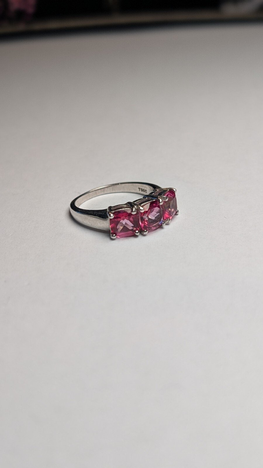 Vintage Sterling Silver Pink Tourmaline Trilogy Ring | Size N 1/2 | 925 Silver - Image 2