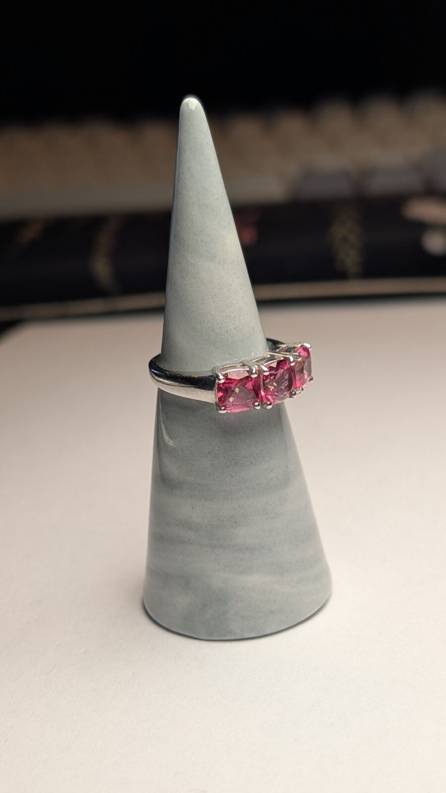 Vintage Sterling Silver Pink Tourmaline Trilogy Ring | Size N 1/2 | 925 Silver - Image 5