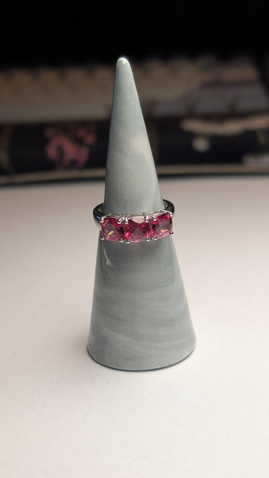 Vintage Sterling Silver Pink Tourmaline Trilogy Ring | Size N 1/2 | 925 Silver - Image 6