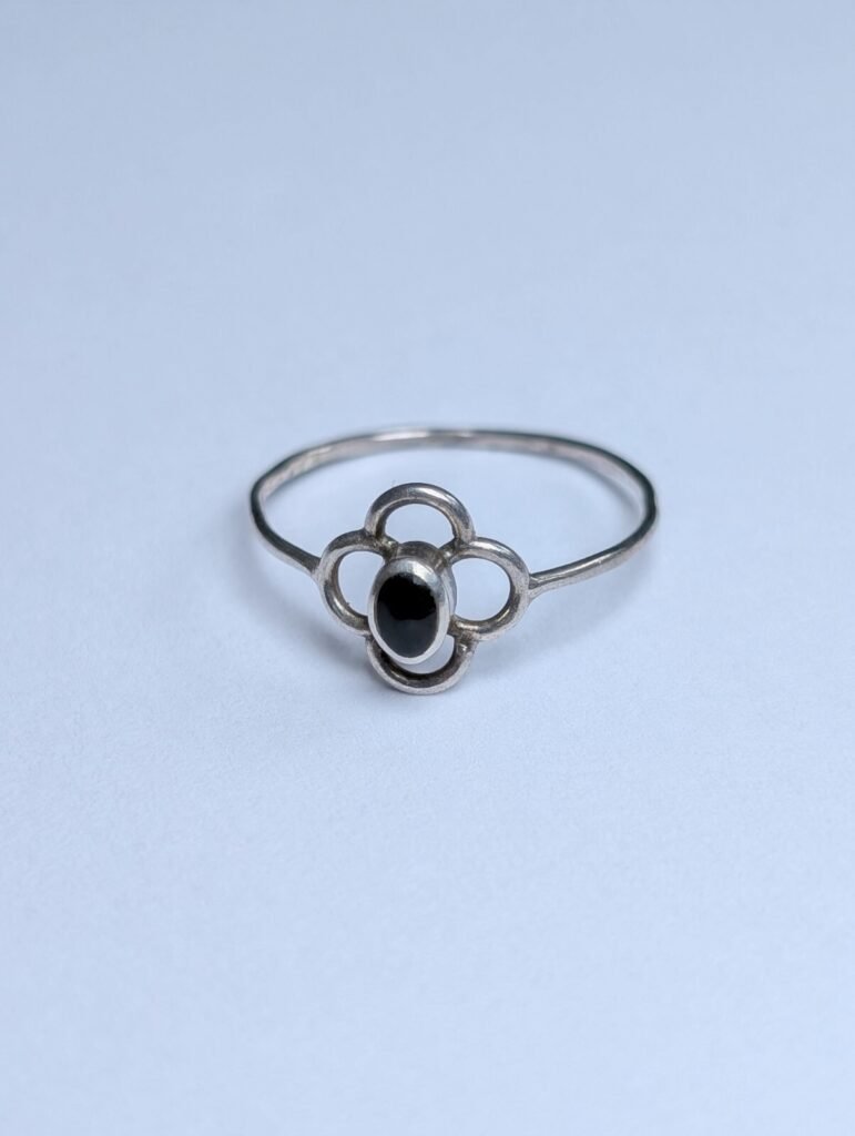 Vintage Thin Sterling Silver Black Gemstone Ring | Size L 1/2 | 925 Silver