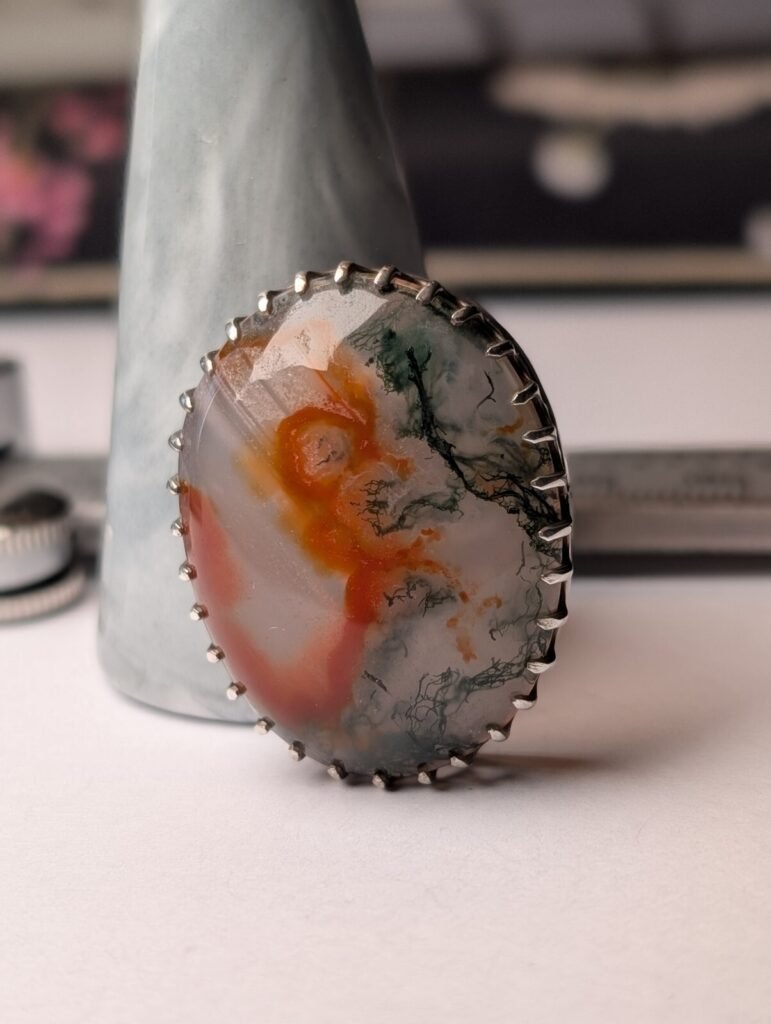 Vintage Sterling Silver Oval Cut Moss Agate Brooch | 925 Silver