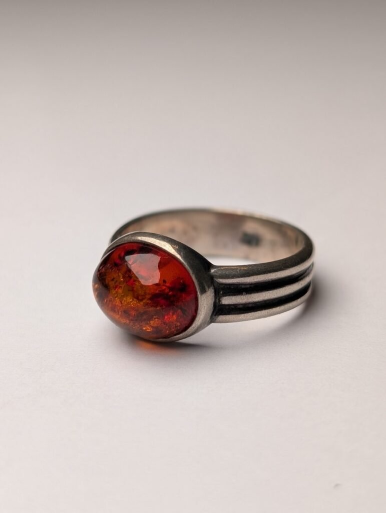 Vintage Sterling Silver Orange Amber Ring | Size J 1/2 | 925 Silver