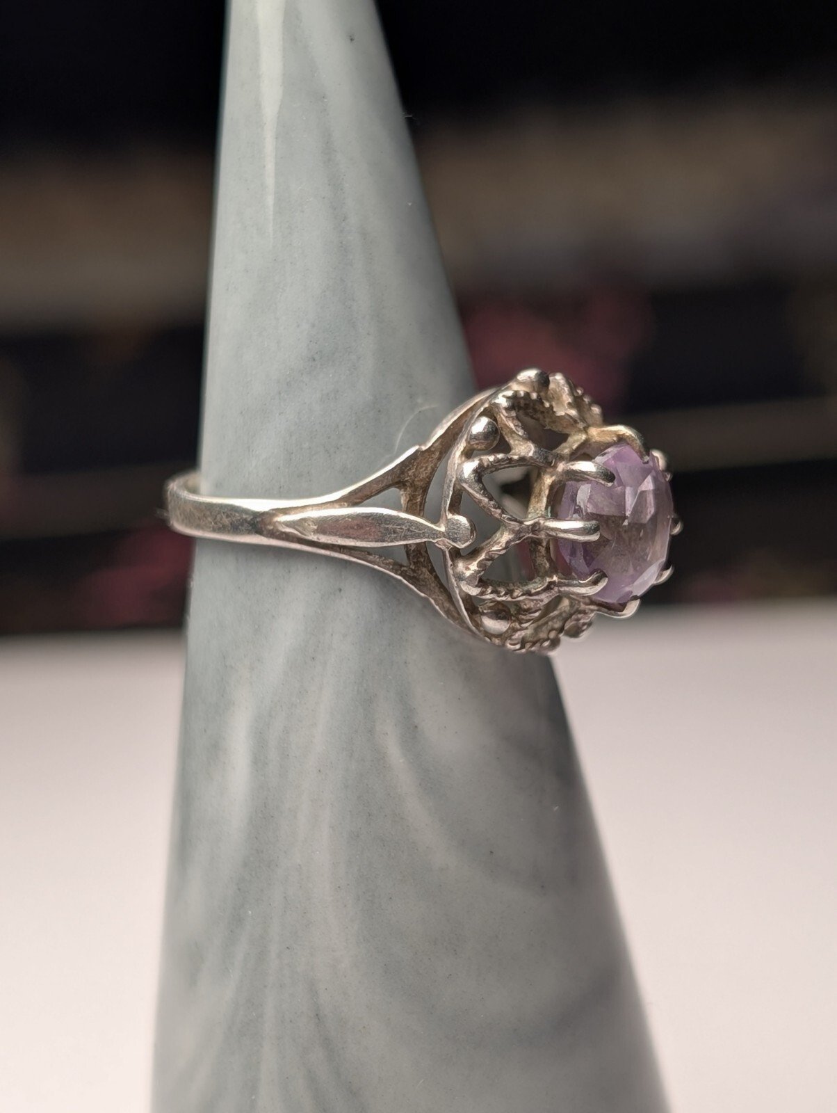 Vintage Sterling Silver 1980s Purple Amethyst Ring | Size I | 925 Silver - Image 6
