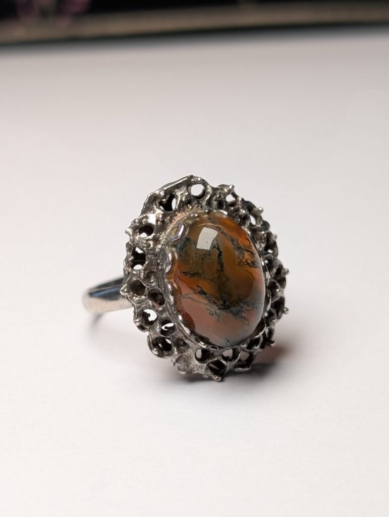 Vintage Sterling Silver Moss Agate Ring | Size P | 925 Silver